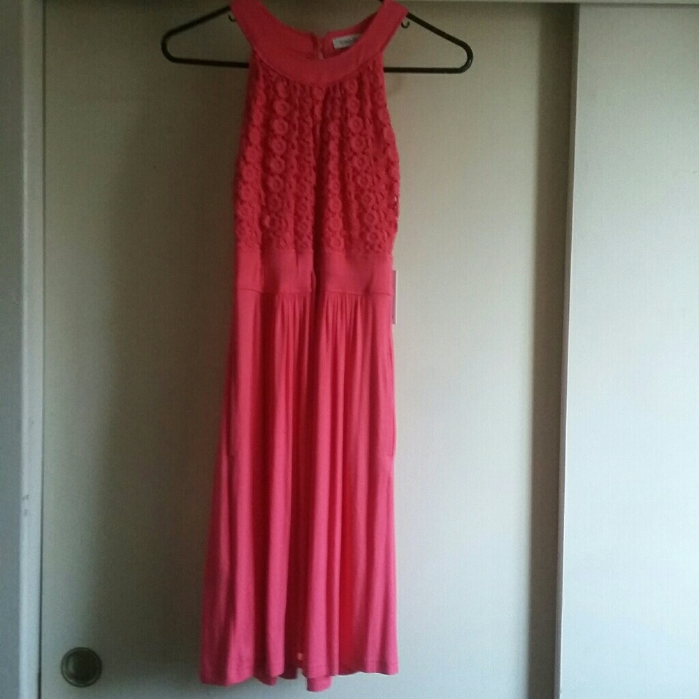 Calvin Klein Lace Accent Halter Dress Coral
